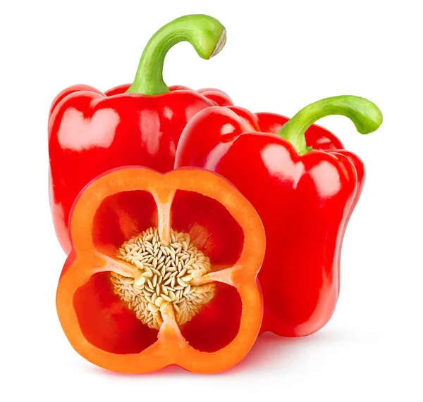Isolated Bell Peppers Two Whole Red Peppers Slice Seeds Isolated — Stock Photo, Image