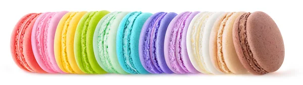 Macarons Couleur Arc Ciel Dans Une Rangée Isolé Sur Fond — Photo