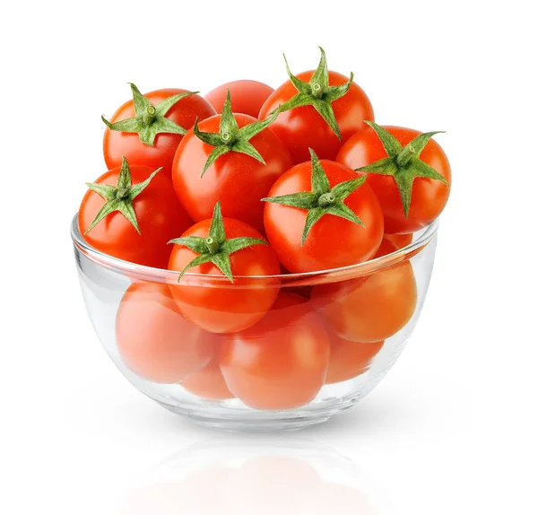 Odizolowane Pomidory Stos Pomidorów Wiśniowych Szklanej Misce Odizolowanej Białym Tle — Zdjęcie stockowe