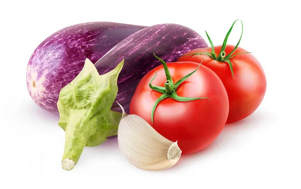 Geïsoleerde Groenten Rauwe Aubergines Tomaten Knoflook Geïsoleerd Witte Achtergrond — Stockfoto