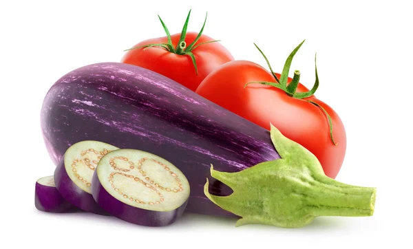 Enskilda Råa Grönsaker Auberginer Och Tomater Isolerade Vit Bakgrund — Stockfoto