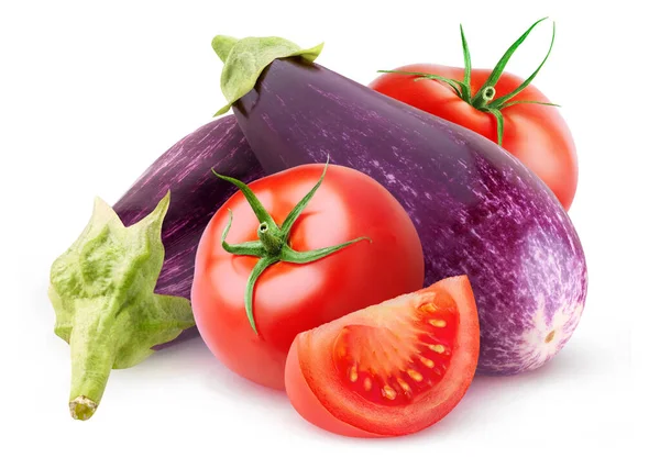 Verduras Aisladas Berenjenas Crudas Tomates Aislados Sobre Fondo Blanco —  Fotos de Stock