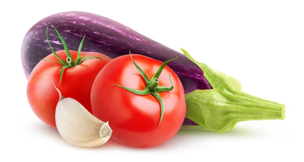 Geïsoleerde Groenten Rauwe Aubergines Tomaten Een Stuk Knoflook Geïsoleerd Witte — Stockfoto