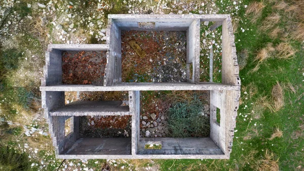 Ruins Cottage Abandoned Village Interior Empty Stone House Roof Aerial — Zdjęcie stockowe