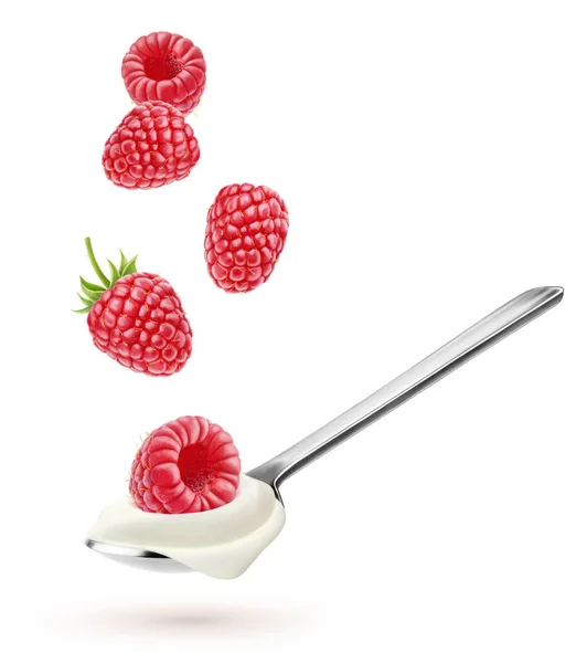Iogurte Isolado Com Frutas Colher Com Iogurte Natural Framboesas Queda — Fotografia de Stock