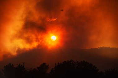 Helikopter kovadan su düşürüyor, orman yangınıyla mücadele ediyor. Kızıl gökyüzü ve ağır dumanla batan güneşe karşı dramatik manzara