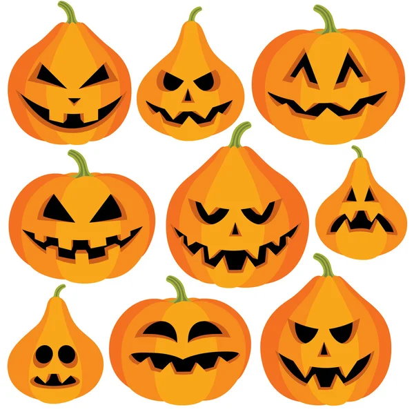 Calabazas de Halloween con diferente expresión facial — Vector de stock