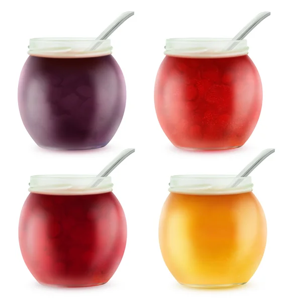 Open jars with various fruit jam — Stock Photo, Image