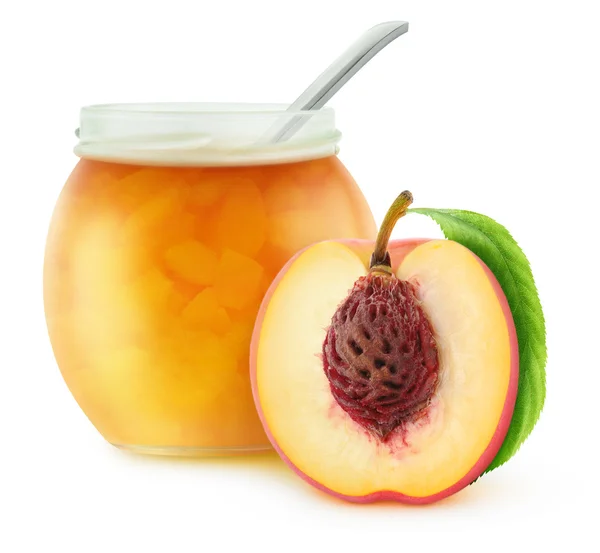 Open jar with peach jam — Stock Photo, Image