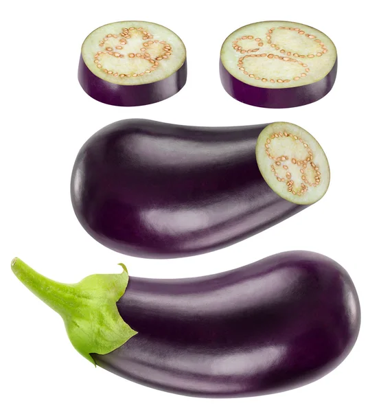 Isolated whole and cut eggplants collection — Stock Photo, Image