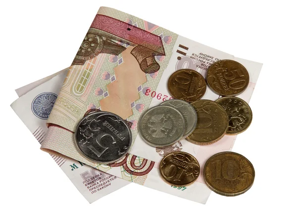Räkningar fem hundra och hundra rubel och mynt — Stockfoto