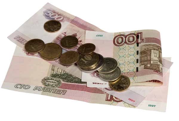 Bills five hundred and hundred rubles and coins — Stock Photo, Image