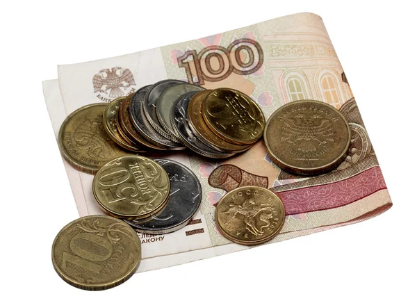 Note hundred rubles and coins — Stock Photo, Image