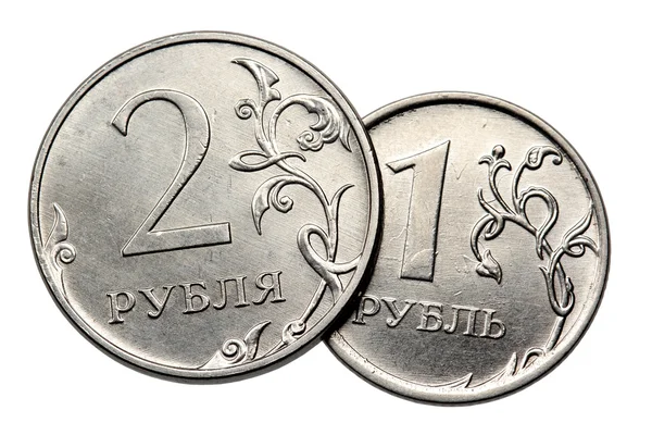 Two coins one and two rubles on a white background — Stock Photo, Image