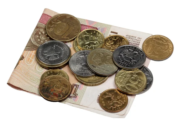 Note hundred rubles and coins — Stock Photo, Image