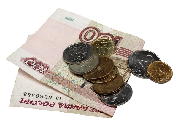 Примечание 100 рублей и монет — стоковое фото