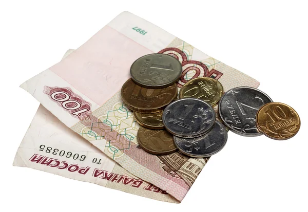 Note hundred rubles and coins — Stock Photo, Image