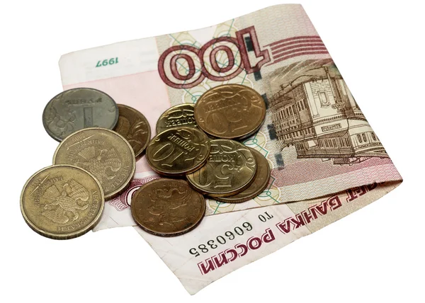 Nota cento rubli e monete — Foto Stock
