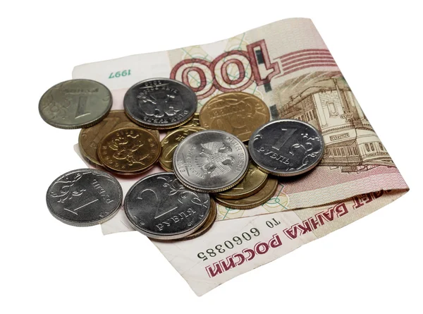 Note hundred rubles and coins — Stock Photo, Image