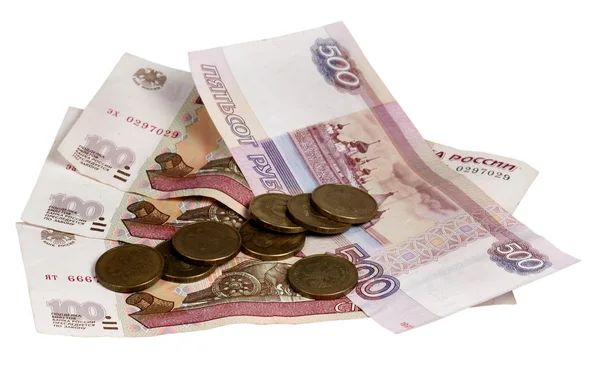 Notities honderd en vijf honderd roebels op een witte achtergrond — Stockfoto