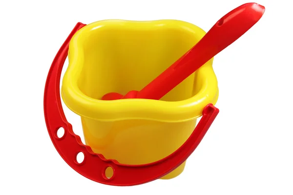 Plastový kbelík a hrábě — Stock fotografie