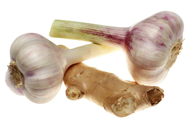 Knoblauch und Ingwer auf weißem Hintergrund — Stockfoto