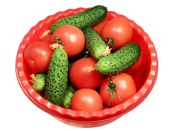 Cucumbers and tomatoes in a basin — Stock Photo, Image