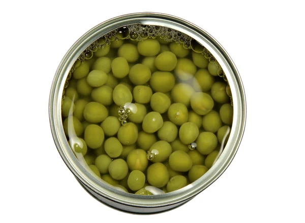 白い背景に缶詰のエンドウ豆 — ストック写真
