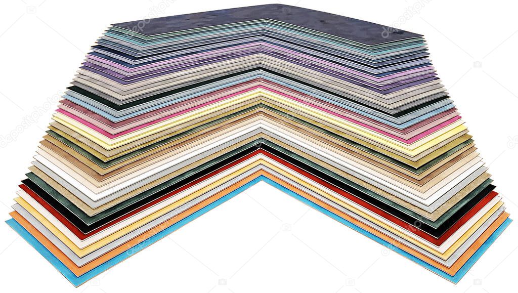 A stack of matboard to be used when framing artwork shown at the interior of the mat sample