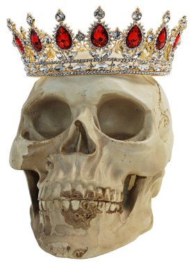 Mücevher bir taç takan bir kafatasının ön görüntüsü.