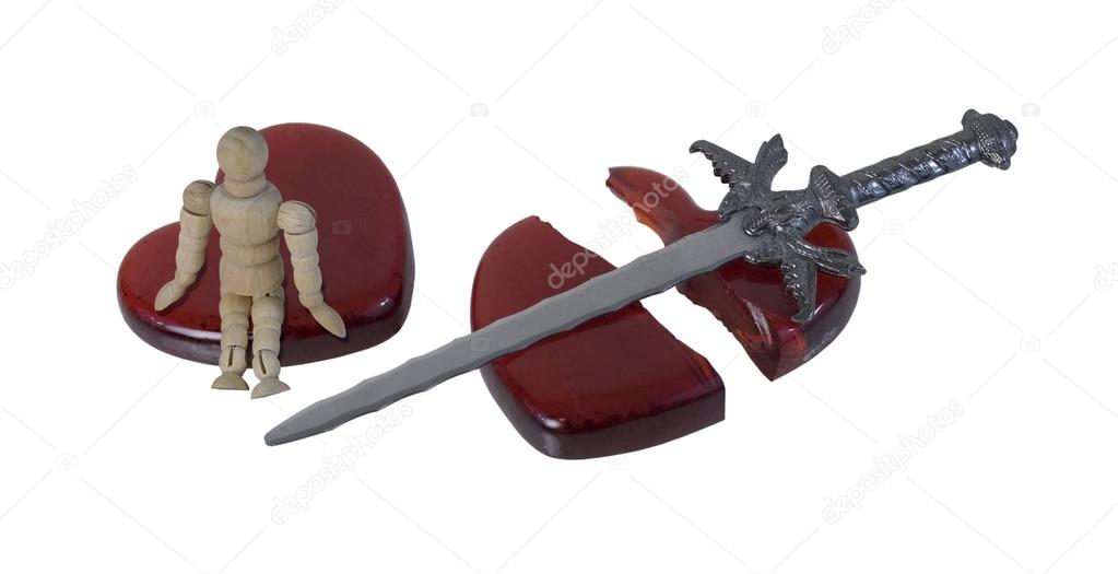 Person Sitting on a Shattered Heart with a Sword