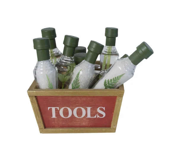 Cone-Shaped Bath Salt Bottles in a Wooden Tool Box — Stock Photo, Image