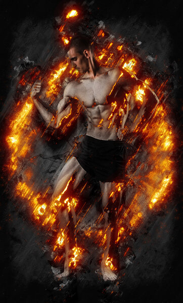 Fitness man on black with fire