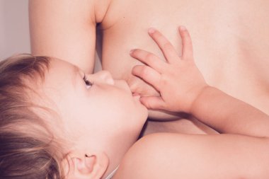 Bebek annesinin memesini emiyor.