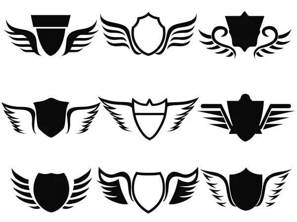 Icônes ailes bouclier noir — Image vectorielle