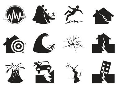 Black earthquake icons set clipart