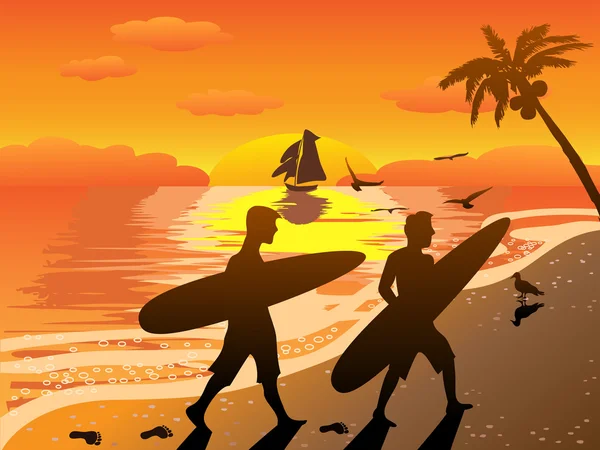 Surfers on beach at sunset — Stock Vector