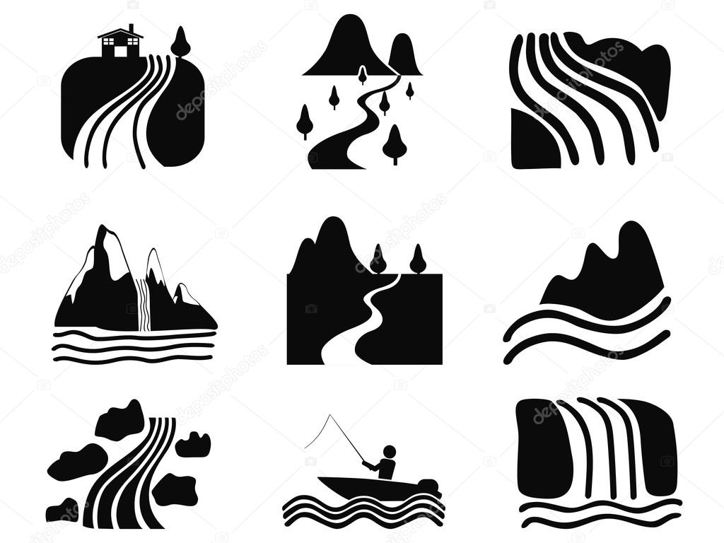 Black river icons set. Vector illustration