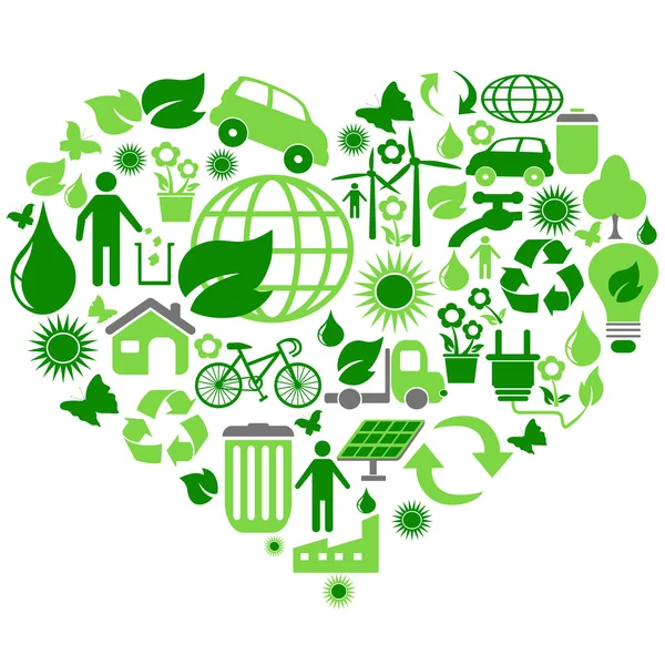 Eco símbolos verdes en el corazón — Vector de stock