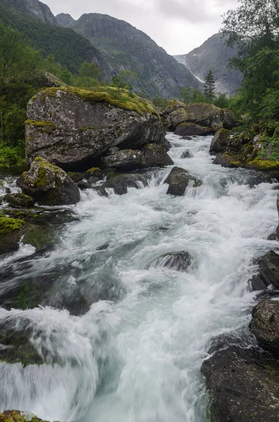 Wild Bondhuselva Creek Rocky Bondhusdalen Valley Rainy Summer Day Norway — Stock Photo, Image