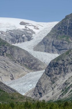 Nigardsbreen buzulunun bulunduğu yaz manzarası ana Jostedalsbreen buzulundan, Norveç, İskandinavya