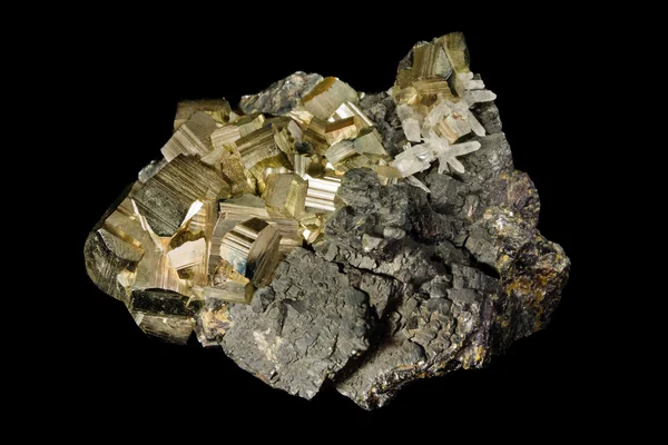 Kluster av gyllene pyrit kristaller Stockbild