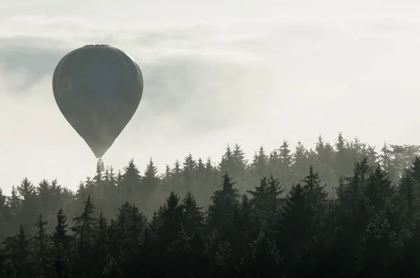 Hot air balloon above the foggy forest — Stock Photo, Image