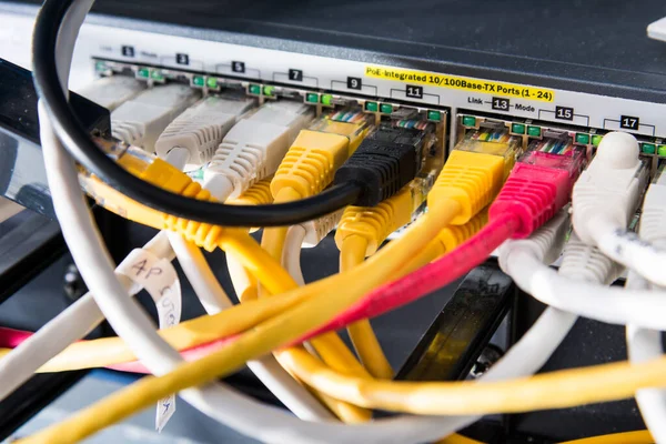 Backside Server Rack Patch Cable Connected Switch Panel — Stock Photo, Image