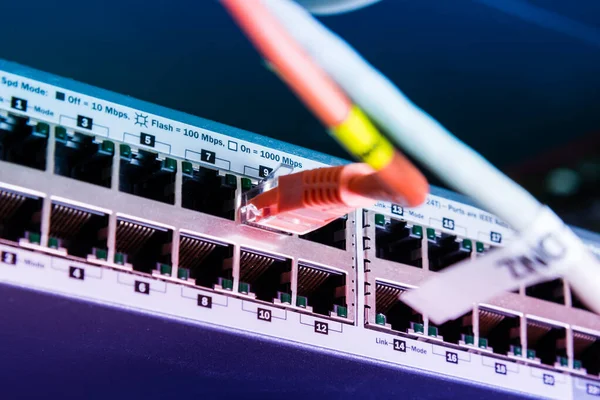 连接在网络交换机中的各种以太网电缆 — 图库照片
