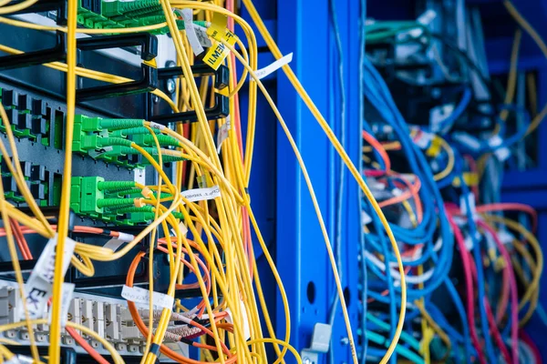 Detail Server Rack Fiber Optic Cables Attached Front Panel Switch — Stock Photo, Image