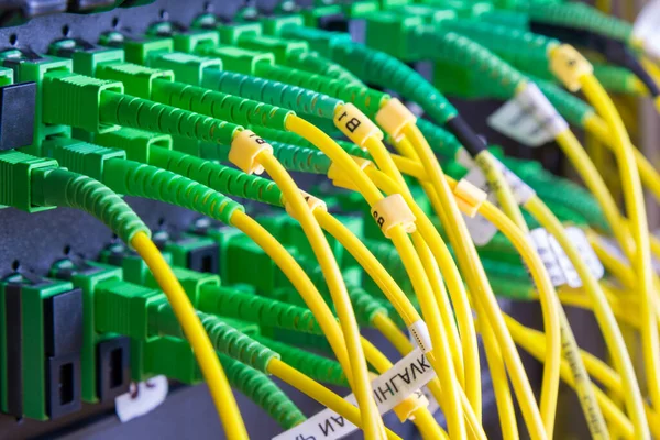 Fiber Optic Cables Plugged Network Switch Panel Data Center — Stock Photo, Image