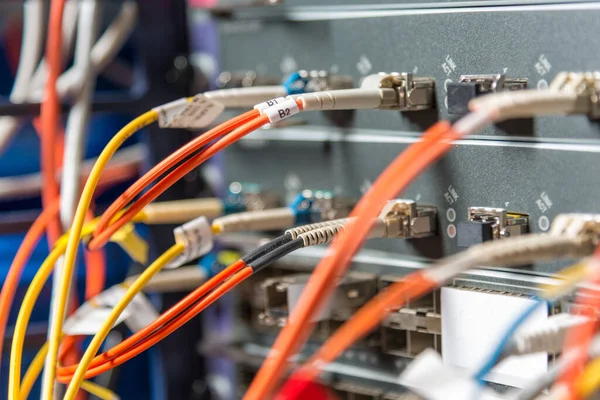 Detail Server Rack Fiber Optic Cables Attached Front Panel Switch — Stock Photo, Image