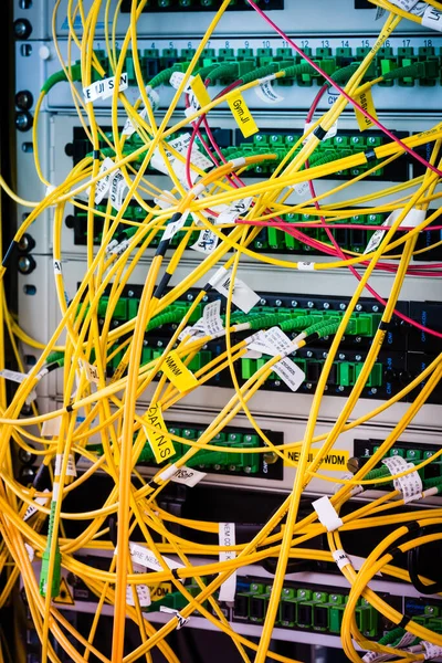 Nahaufnahme Von Gelben Glasfaserkabeln Die Mit Dem Server Serverschrank Verbunden — Stockfoto