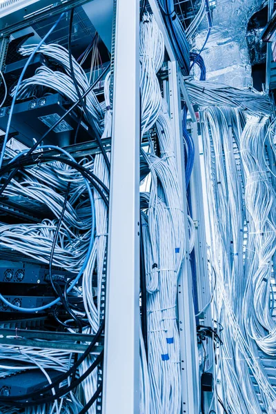 Szczegół Dużej Liczby Kabli Ethernetowych Połączonych Sobą Stojakami Serwerowni — Zdjęcie stockowe